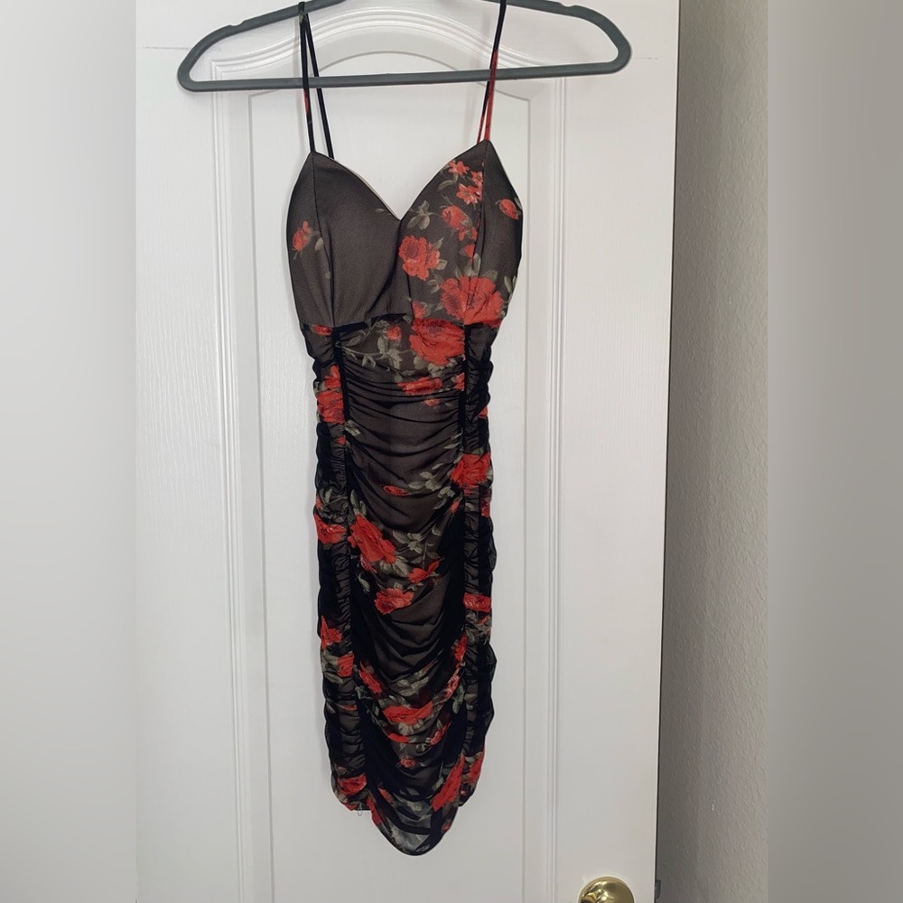 Sheer rose printed red/black dress by GUESS